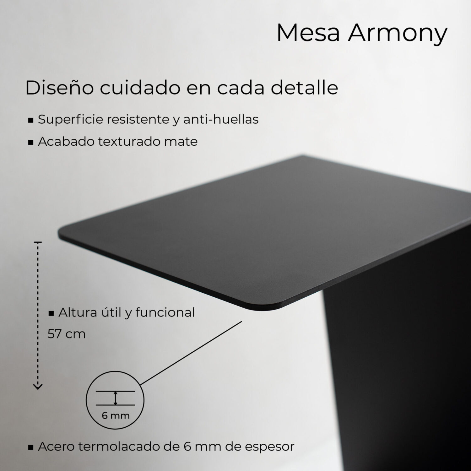 Imagen de la mesa auxiliar metálica Armony de Miluka junto a sus dimensiones y características.
