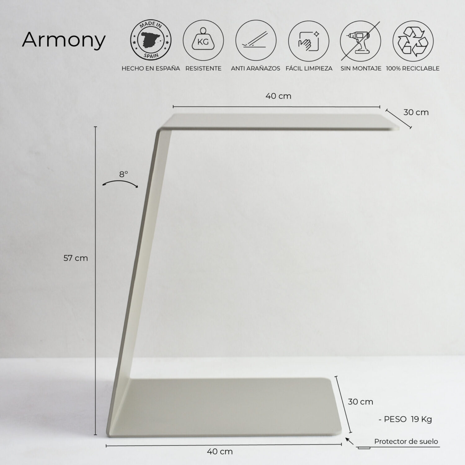 Imagen de la mesa auxiliar Armony Taupe donde se muestran todas sus medidas y características principales.